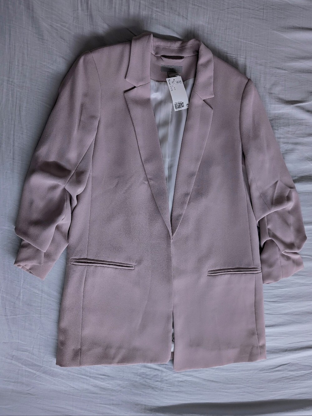NWT H&M Women's Dusty Pastel Pink Ruched Sleeves Open Blazer, Size S, Pockets